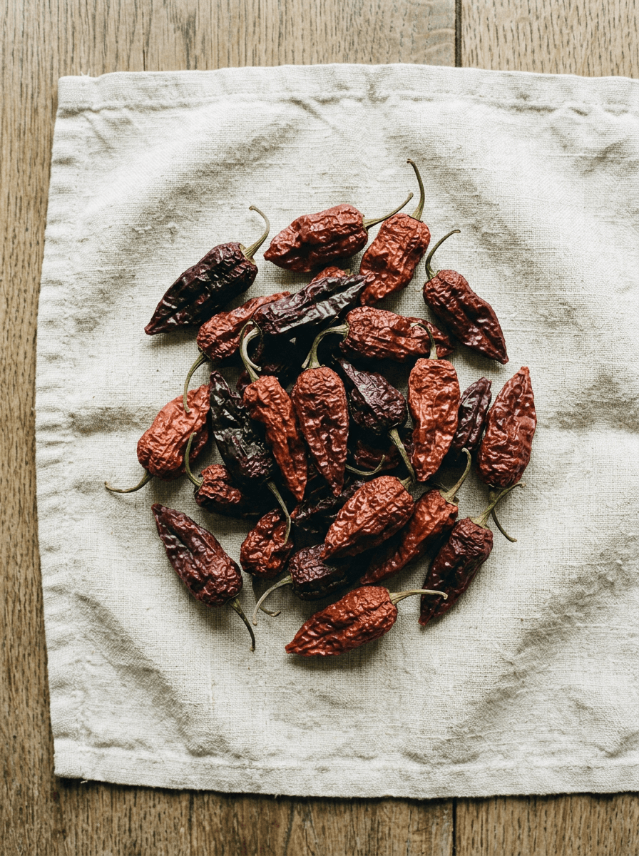 Dried whole Naga King Chilli pods arranged on natural cloth