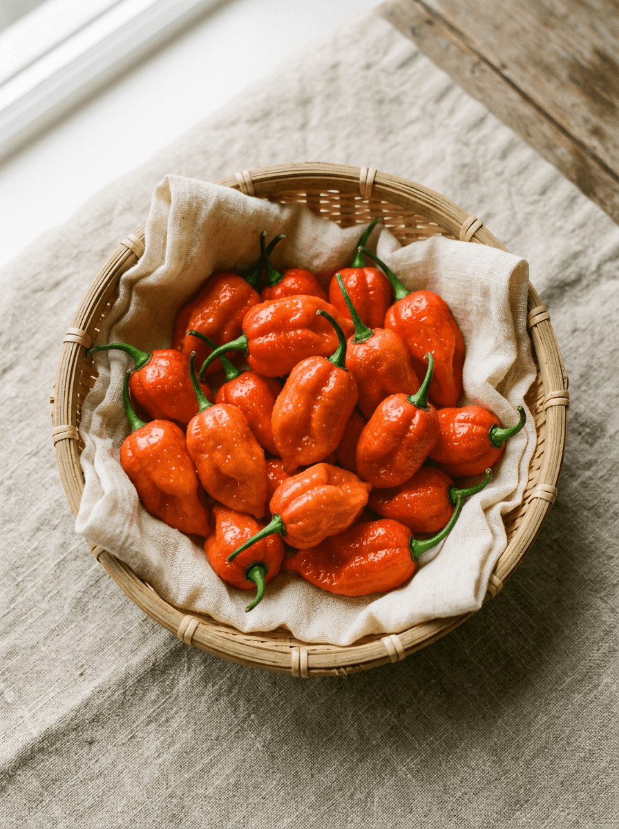 Fresh whole Naga King Chilli arranged in a woven basket